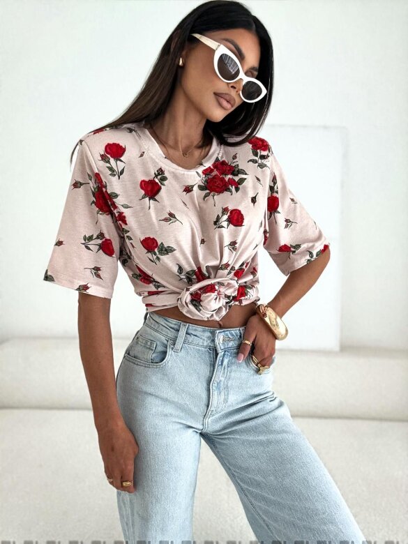 T-shirt Marentino w róże beżowy
