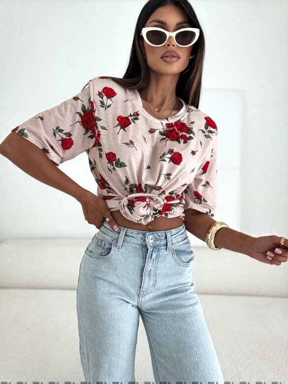 T-shirt Marentino w róże beżowy
