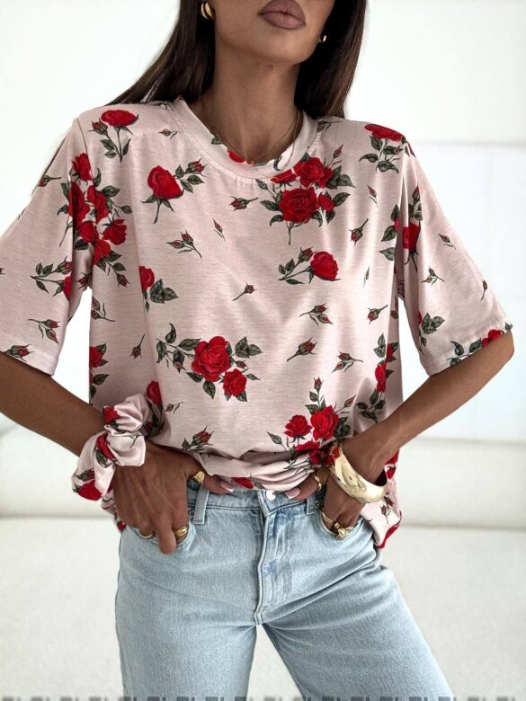 T-shirt Marentino w róże beżowy