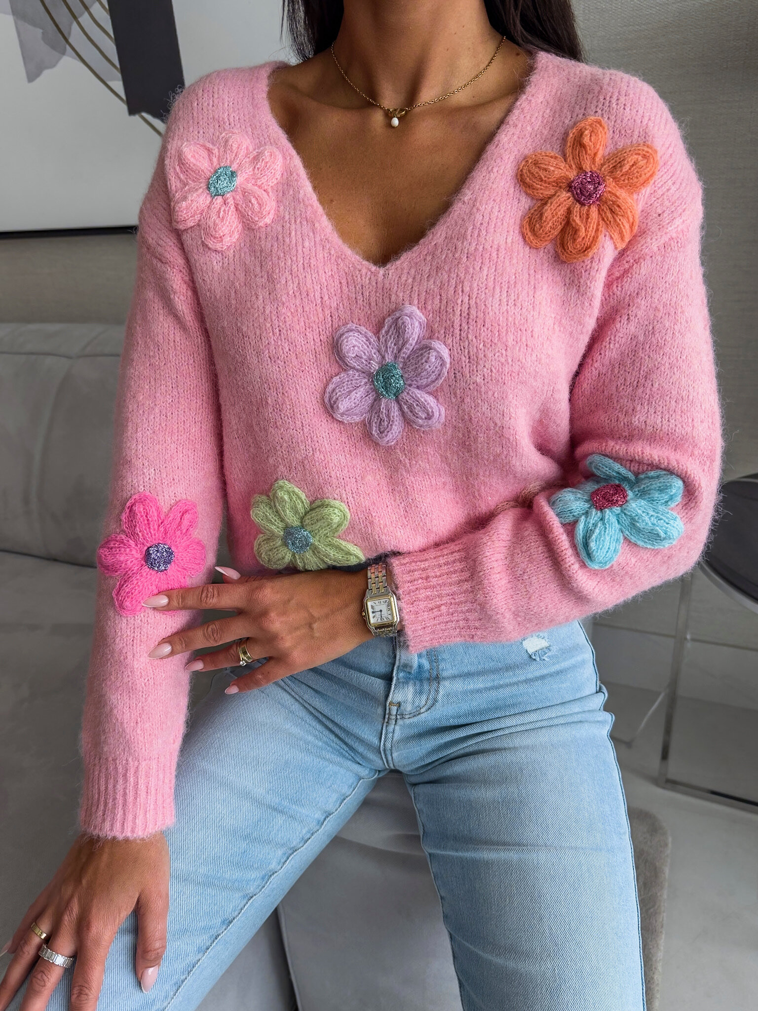 Sweter Colorful Flowers różowy