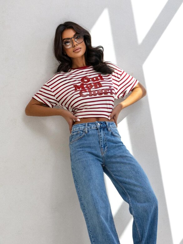 T-shirt Oui Mon Cheri w paski biało-bordowy