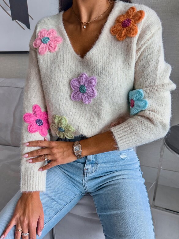 Sweter Colorful Flowers ecru