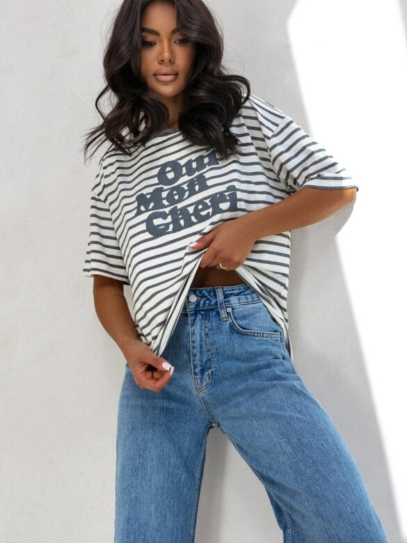 T-shirt Oui Mon Cheri w paski biało-szary