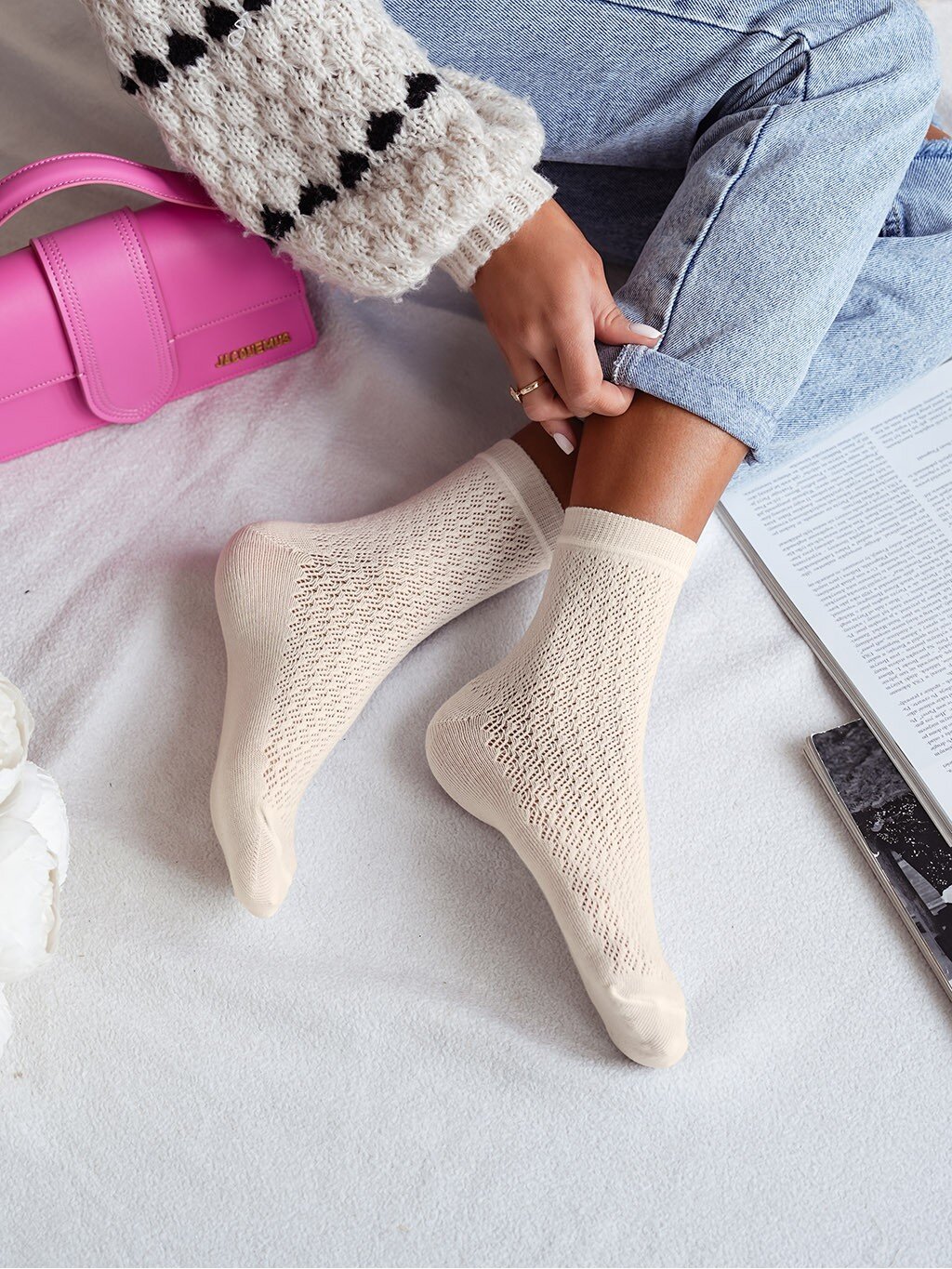 Skarpetki Amber ażurowe ecru 