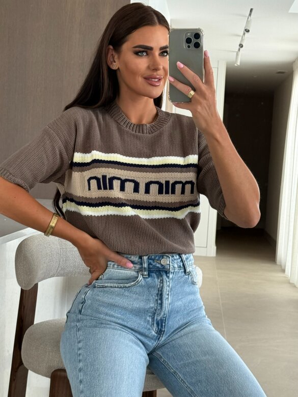 Sweter Carinio w paski mocca-cytrynowy 