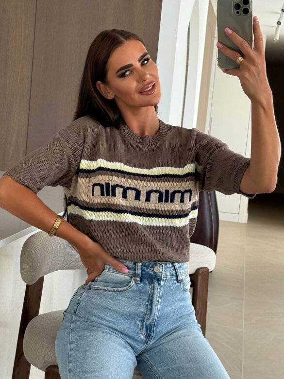 Sweter Carinio w paski mocca-cytrynowy 