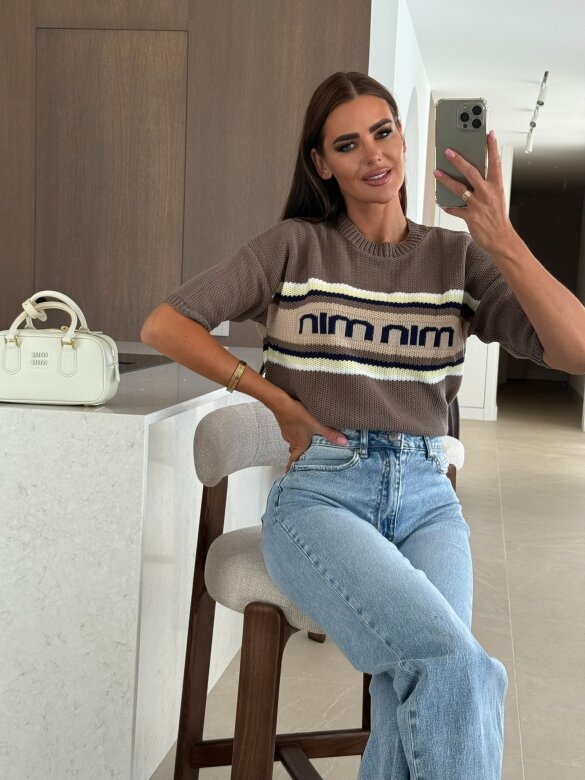 Sweter Carinio w paski mocca-cytrynowy 