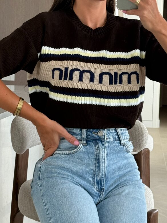Sweter Carinio w paski czekoladowo-cytrynowy 