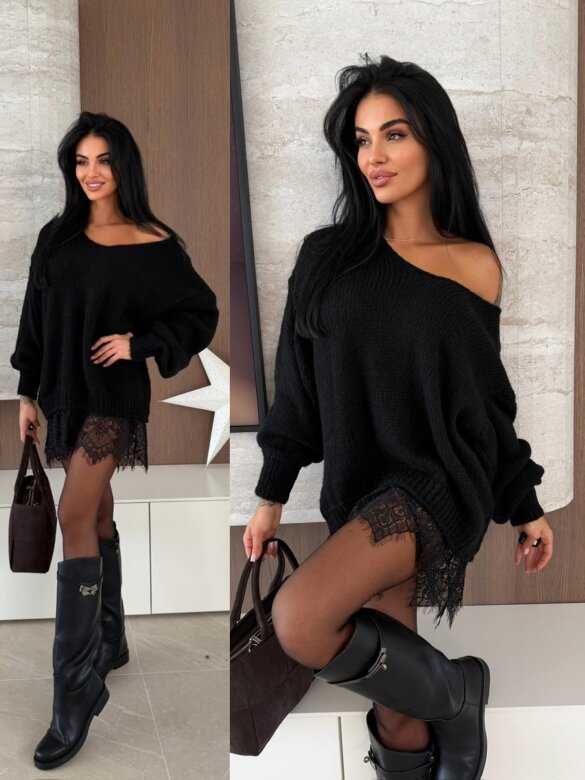 Sweter Lunvero z koronką czarny