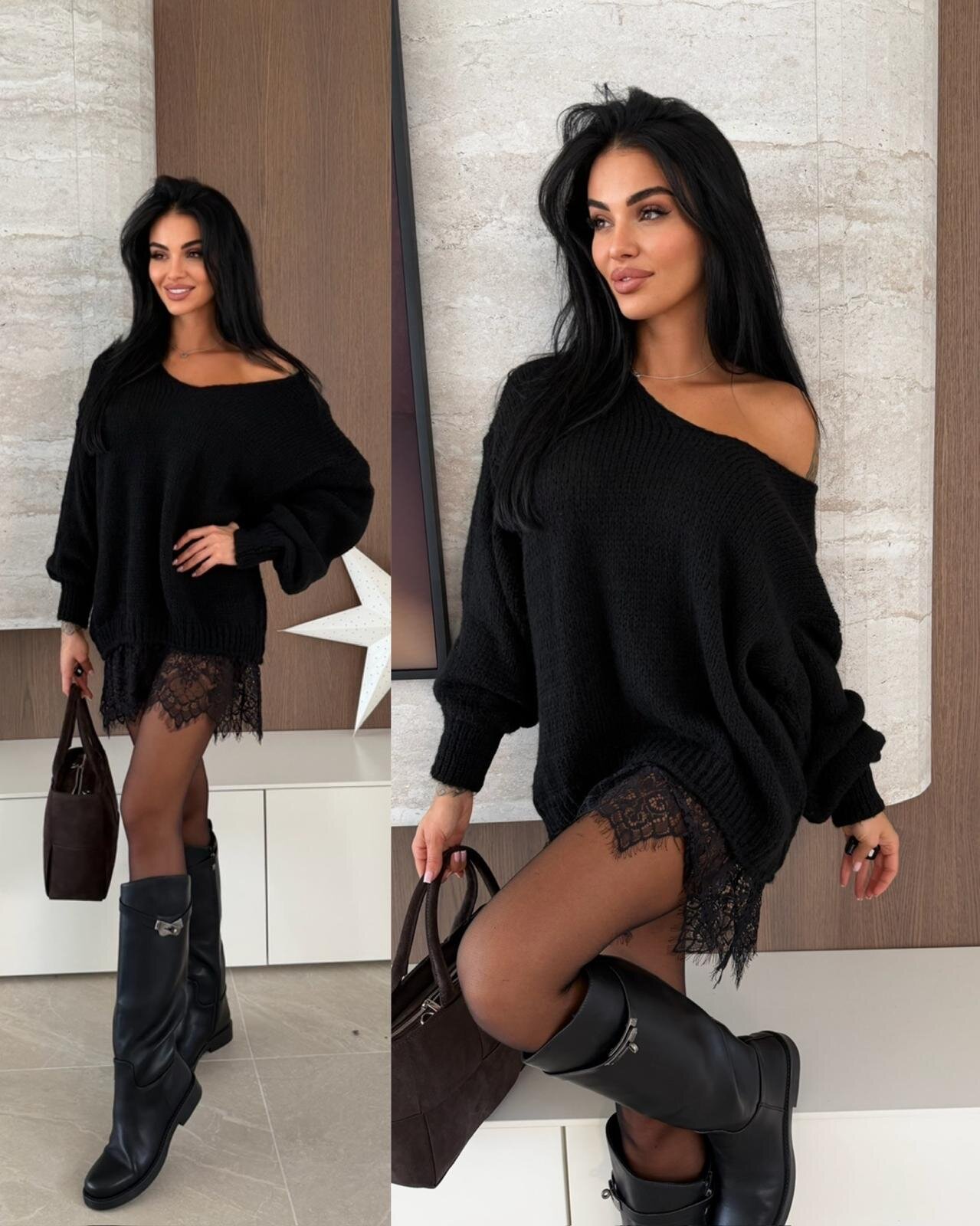 Sweter Lunvero z koronką czarny