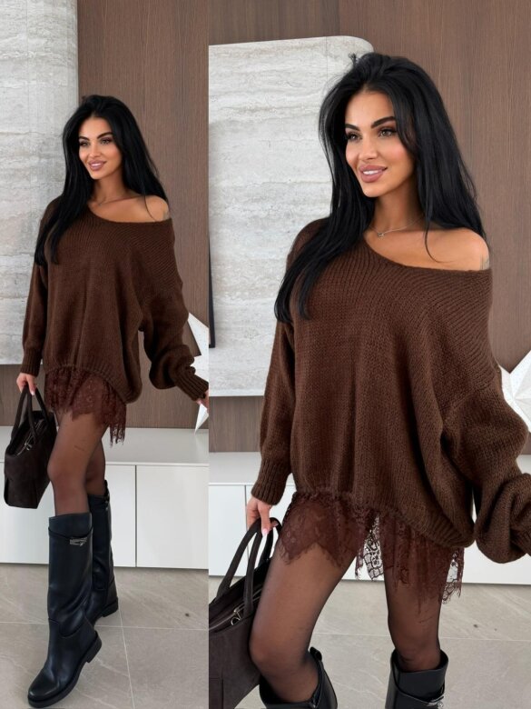Sweter Lunvero z koronką czekoladowy 