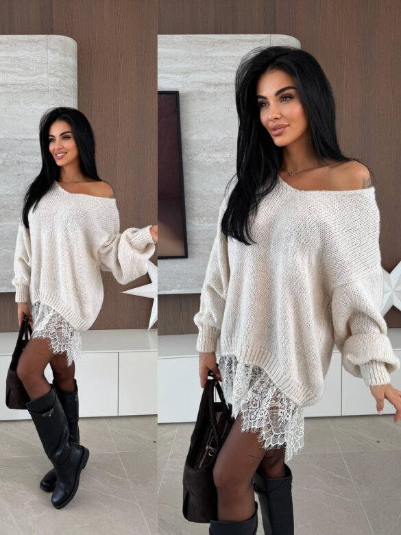 Sweter Lunvero z koronką ecru 