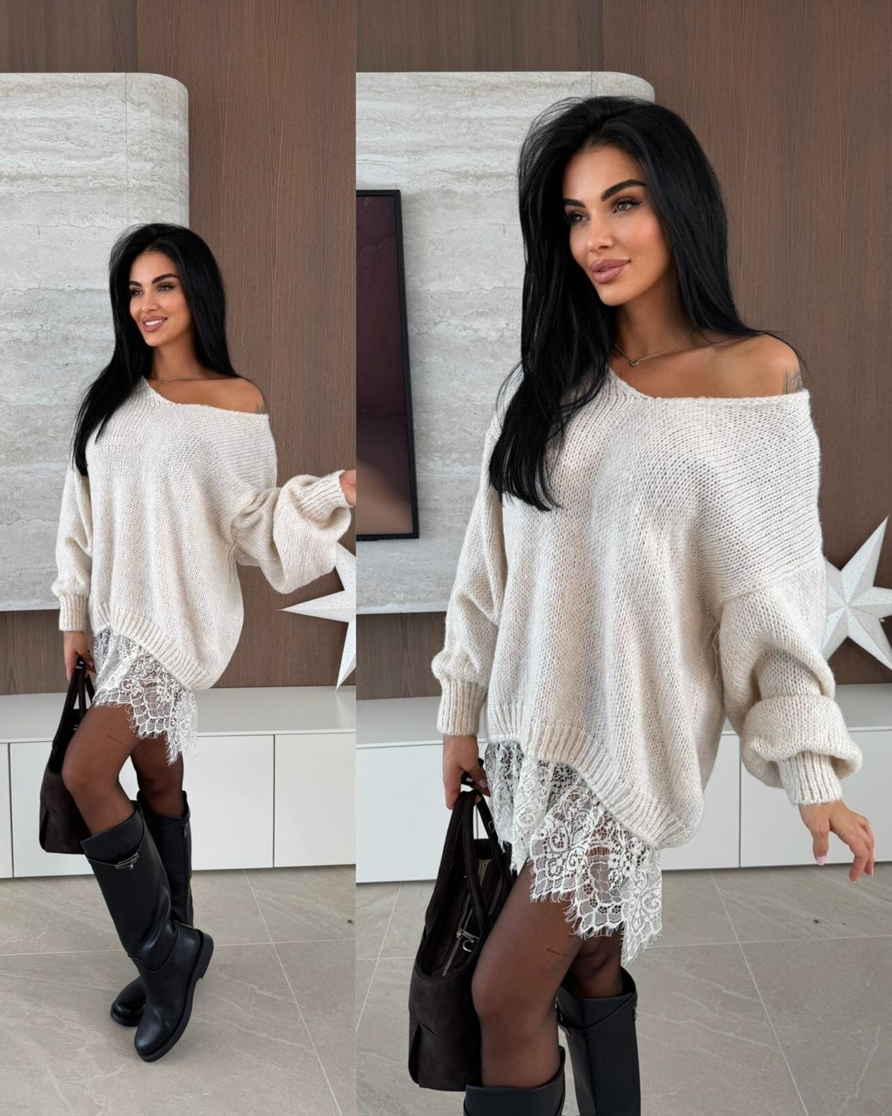 Sweter Lunvero z koronką ecru 