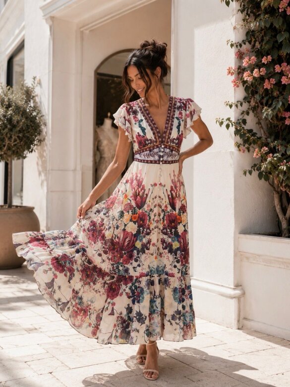 Sukienka Flowers Of Spring w kwiaty ecru
