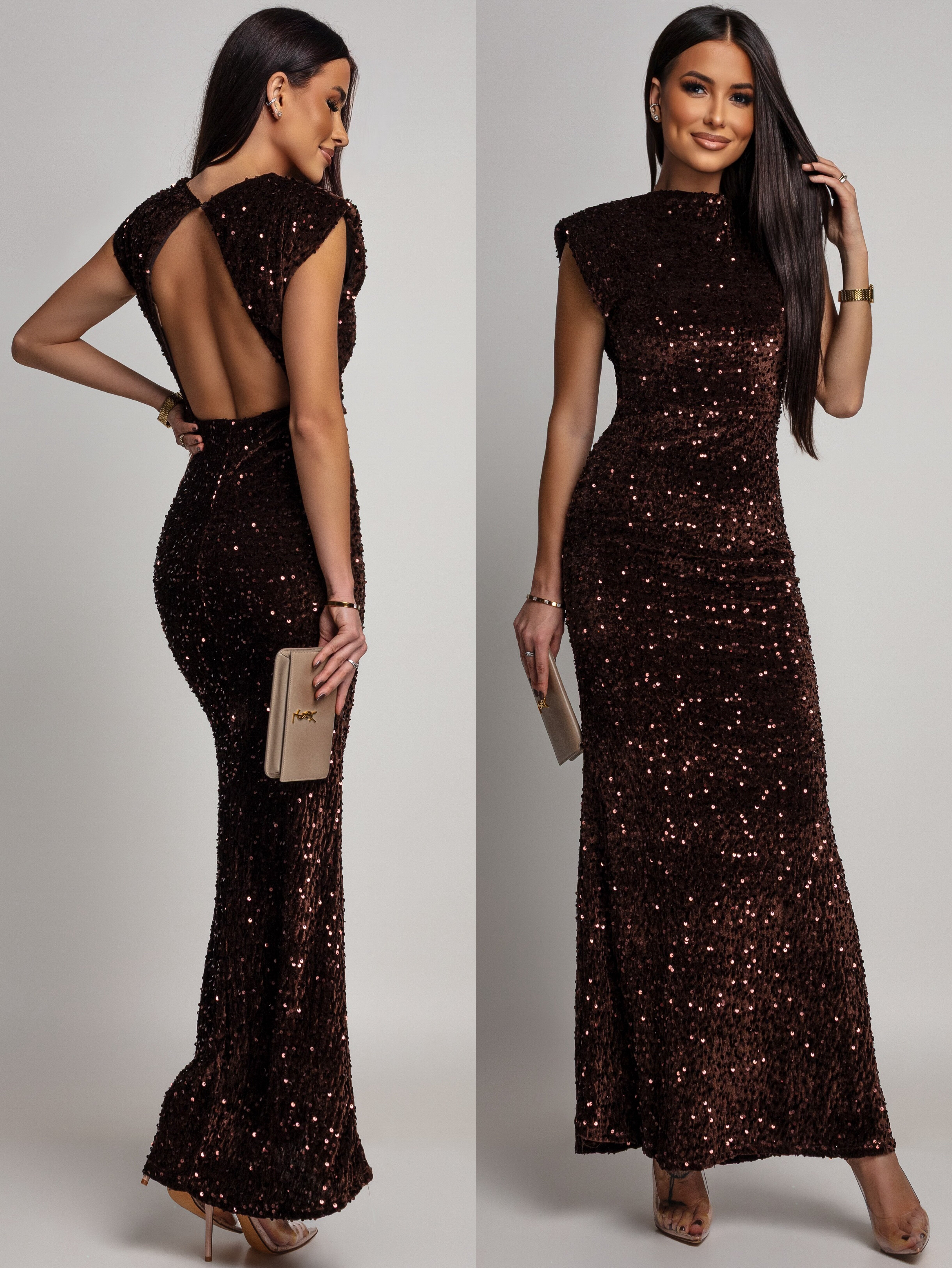 Sukienka Tavella z cekinami czekoladowa 