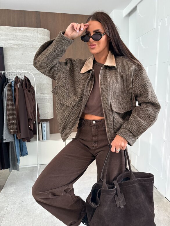 Kurtka Rimova w jodełkę beżowo-czekoladowa