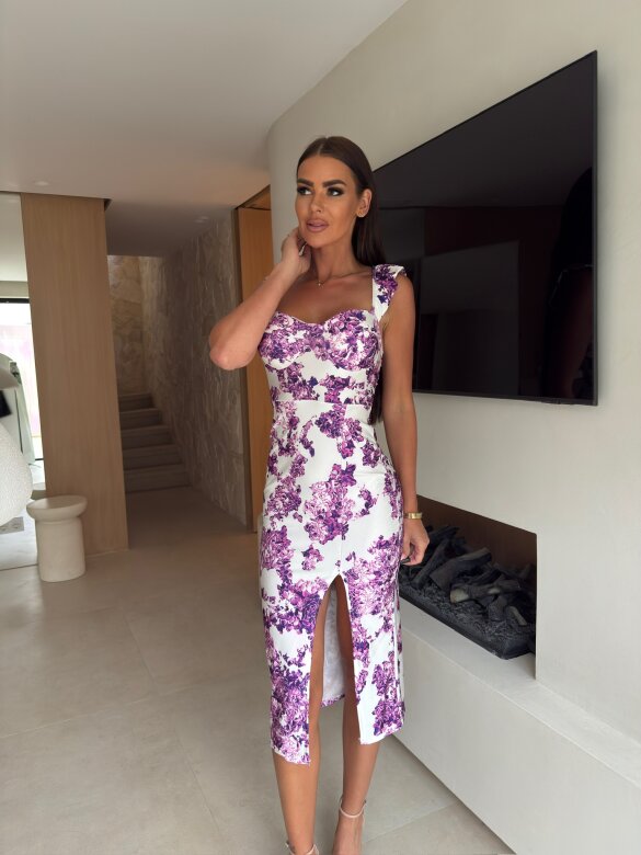 Sukienka Rosemarry w kwiaty biało-fioletowa 