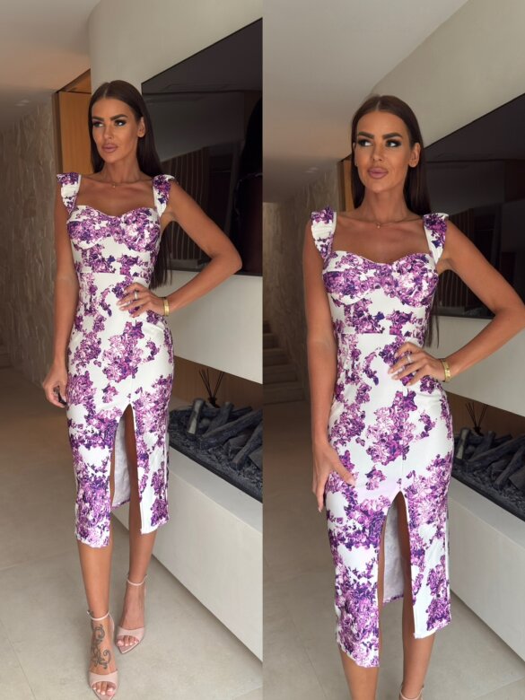 Sukienka Rosemarry w kwiaty biało-fioletowa 