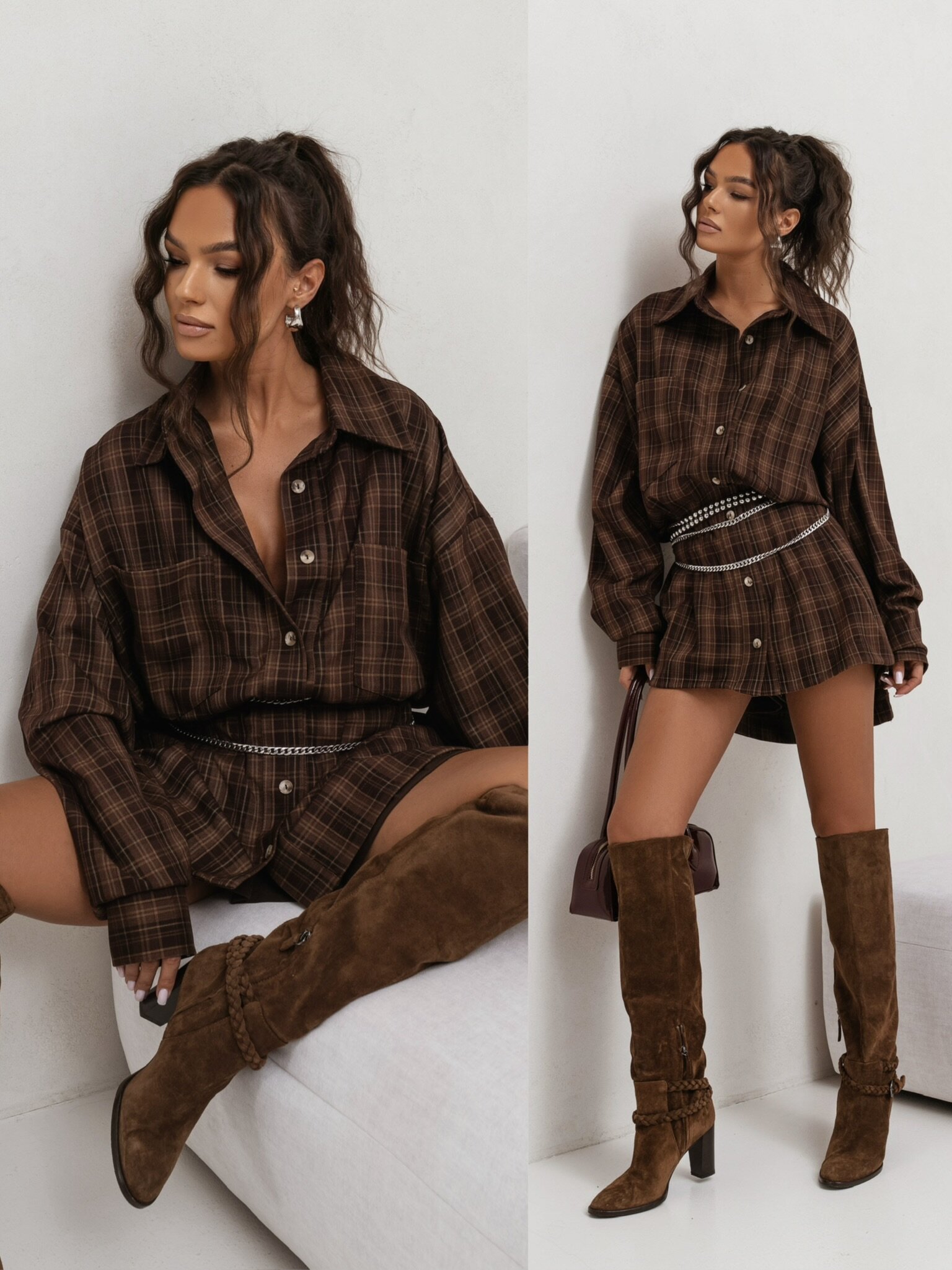 Koszula Raso long w kratę czekoladowo-karmelowa