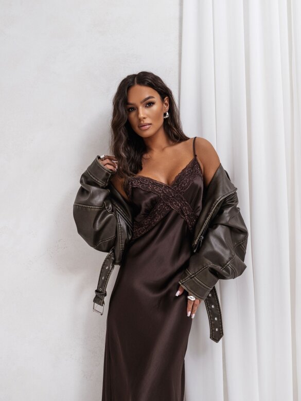 Sukienka Leggera satynowa z koronką czekoladowa