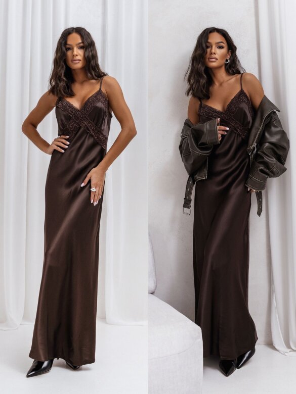 Sukienka Leggera satynowa z koronką czekoladowa