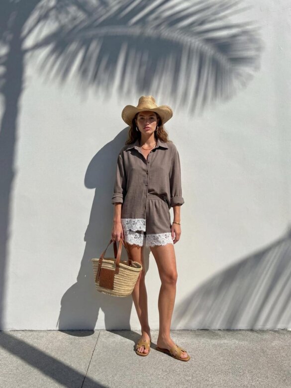 Spodenki Riva z bawełną i lnem czekoladowe