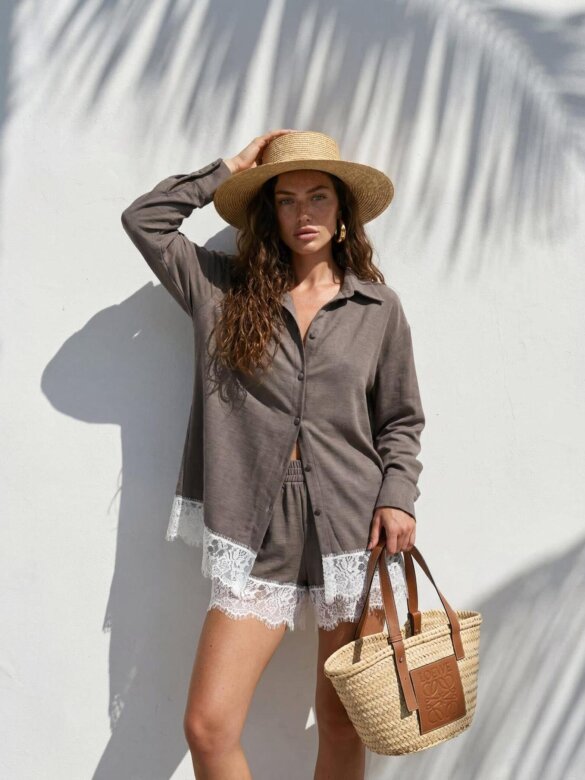 Spodenki Riva z bawełną i lnem czekoladowe