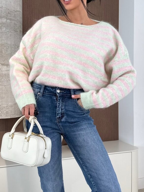 Sweter Bellia w paski pistacjowo-pudrowy