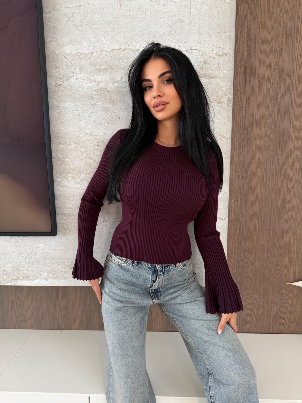 Sweter Raffine prążkowany śliwkowy 