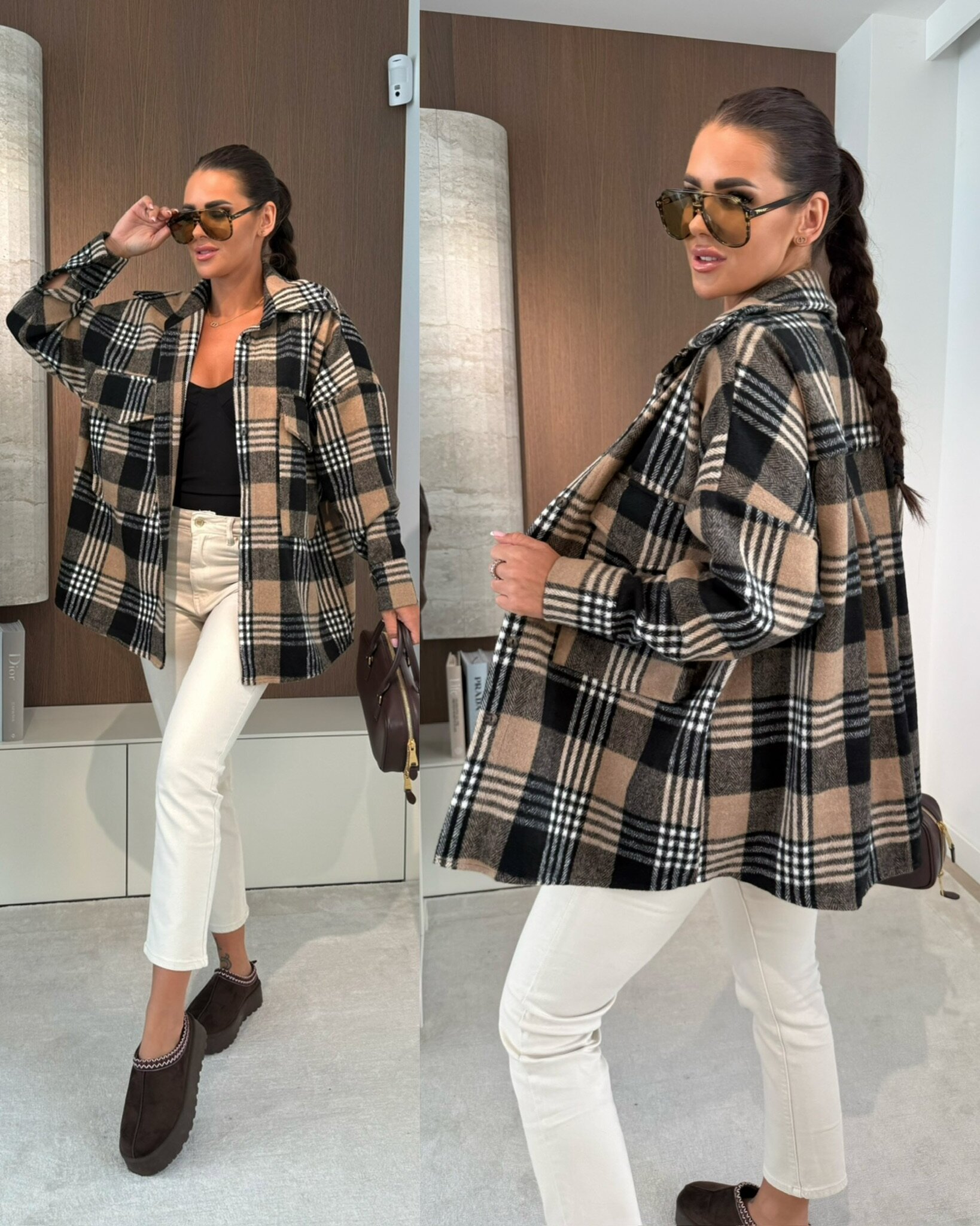 Koszula Valiera w kratę czarno-beżowa